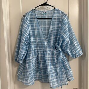 Light Blue Women's Gingham Check 3/4 Sleeve V-Neck Wrap Top - Future Collective